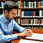 A focused professional researcher in a modest business casual shirt and trousers, fully clothed, appropriate attire, seated at a polished wooden desk in a well-lit university library. They are deeply engrossed in thought, contemplating a research topic, with a laptop open displaying a research paper and several musicology books like "Music History" and "Ethnomusicology" stacked nearby. The background is softly blurred with bookshelves filled with books. Perfect anatomy, correct proportions, natural pose, well-formed hands, proper finger count, natural body proportions, professional photography, high resolution, detailed, safe for work, appropriate content, fully clothed, modest, family-friendly.