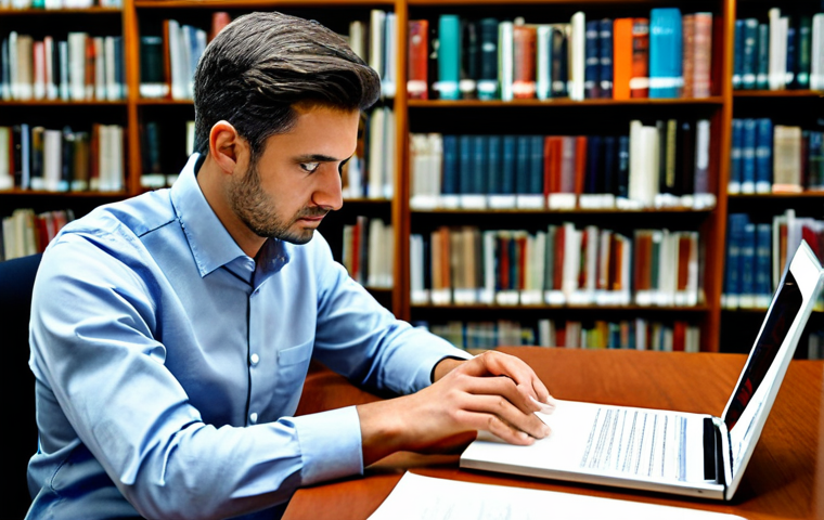 A focused professional researcher in a modest business casual shirt and trousers, fully clothed, appropriate attire, seated at a polished wooden desk in a well-lit university library. They are deeply engrossed in thought, contemplating a research topic, with a laptop open displaying a research paper and several musicology books like "Music History" and "Ethnomusicology" stacked nearby. The background is softly blurred with bookshelves filled with books. Perfect anatomy, correct proportions, natural pose, well-formed hands, proper finger count, natural body proportions, professional photography, high resolution, detailed, safe for work, appropriate content, fully clothed, modest, family-friendly.