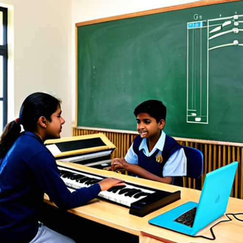 **

A modern music classroom filled with light, showcasing students of various ages engaging with different instruments like guitars, keyboards, and traditional Bengali instruments (e.g., dotara). The teacher, a friendly and approachable individual, is guiding a student on a digital audio workstation (DAW). The scene incorporates technology like tablets displaying musical scores and interactive learning apps. The atmosphere is encouraging and vibrant, emphasizing a blend of traditional and contemporary music education techniques. Fully clothed, appropriate attire, safe for work, perfect anatomy, natural proportions, professional, family-friendly.

**