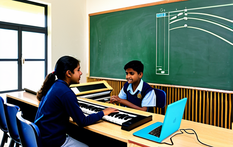 **
A modern music classroom filled with light, showcasing students of various ages engaging with different instruments like guitars, keyboards, and traditional Bengali instruments (e.g., dotara). The teacher, a friendly and approachable individual, is guiding a student on a digital audio workstation (DAW). The scene incorporates technology like tablets displaying musical scores and interactive learning apps. The atmosphere is encouraging and vibrant, emphasizing a blend of traditional and contemporary music education techniques. Fully clothed, appropriate attire, safe for work, perfect anatomy, natural proportions, professional, family-friendly.
**