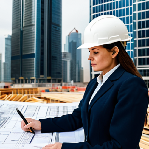 **

A professional female architect, fully clothed in a modest business suit, reviewing blueprints on a construction site.  Hard hat on, holding a pen.  Skyscrapers visible in the background, daytime.  Safe for work, appropriate content, perfect anatomy, natural proportions, professional, family-friendly, well-formed hands, proper finger count.

**