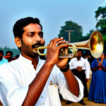 **Subject:** A brass band musician playing a Cornet.
    **Clothing:** Fully clothed in a modest, traditional Bengali attire.
    **Environment:** Performing outdoors at a local festival in a rural Bengali village, with people dancing in the background.
    **Quality Modifiers:** Perfect anatomy, correct proportions, natural pose, professional photography, high quality, safe for work, appropriate content, fully clothed, family-friendly.