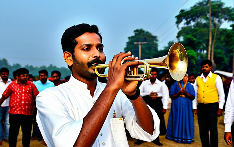 **Subject:** A brass band musician playing a Cornet.
**Clothing:** Fully clothed in a modest, traditional Bengali attire.
**Environment:** Performing outdoors at a local festival in a rural Bengali village, with people dancing in the background.
**Quality Modifiers:** Perfect anatomy, correct proportions, natural pose, professional photography, high quality, safe for work, appropriate content, fully clothed, family-friendly.
