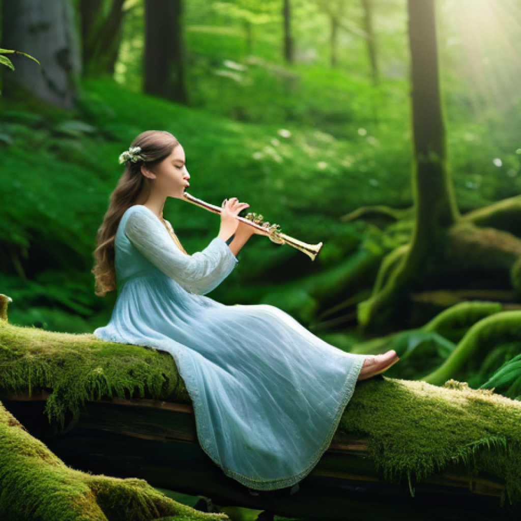 목관 악기 앙상블 - **"A tranquil, sun-dappled forest scene featuring a young woman (no older than 18) sitting peacefull...