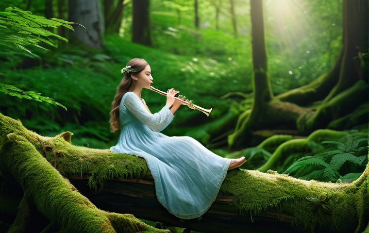 목관 악기 앙상블 - **"A tranquil, sun-dappled forest scene featuring a young woman (no older than 18) sitting peacefull...