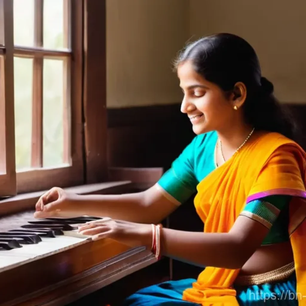 음악 페다고지 - **Prompt:** A warm, inviting scene depicting a kind and encouraging female music teacher (30s, South...