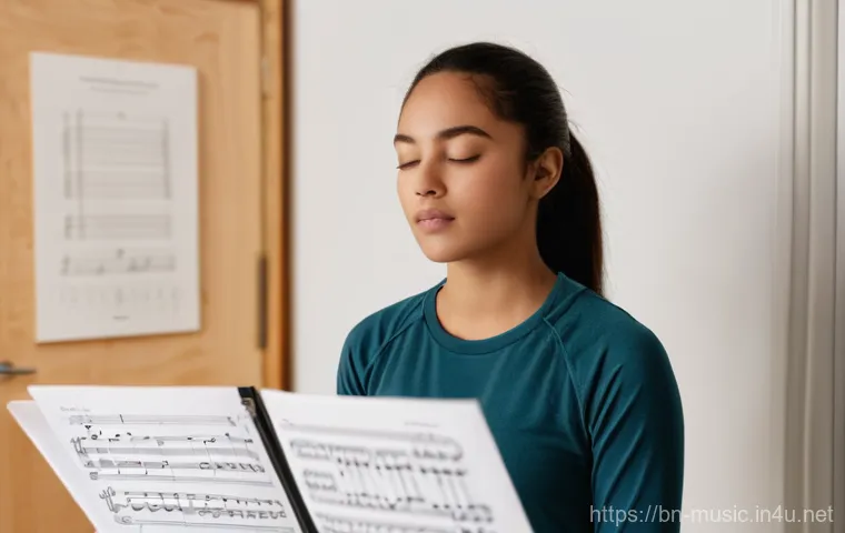 대중음악 보컬 트레이닝 - **Prompt 1: Focused Breathing and Foundation**
    "A young adult female singer, around 22 years old...