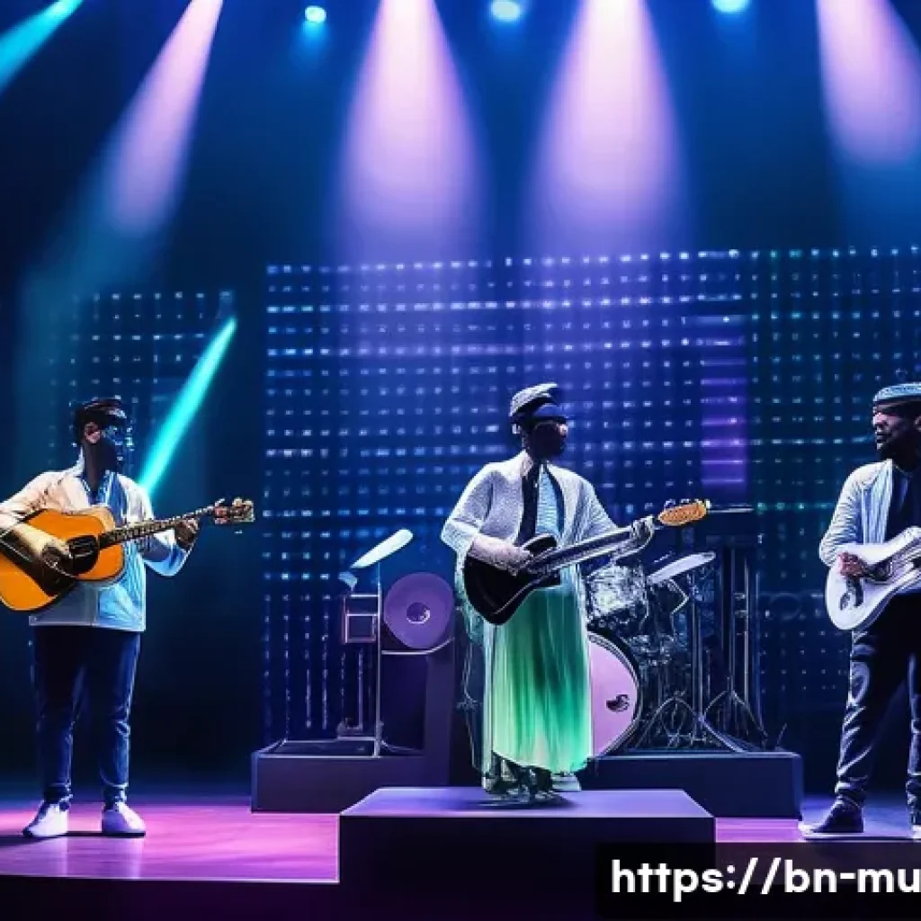 AR 활용 음악 연주법 - A futuristic AR music concert scene featuring musicians performing with virtual instruments floating...