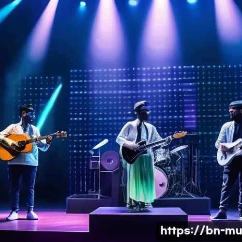 AR 활용 음악 연주법 - A futuristic AR music concert scene featuring musicians performing with virtual instruments floating...