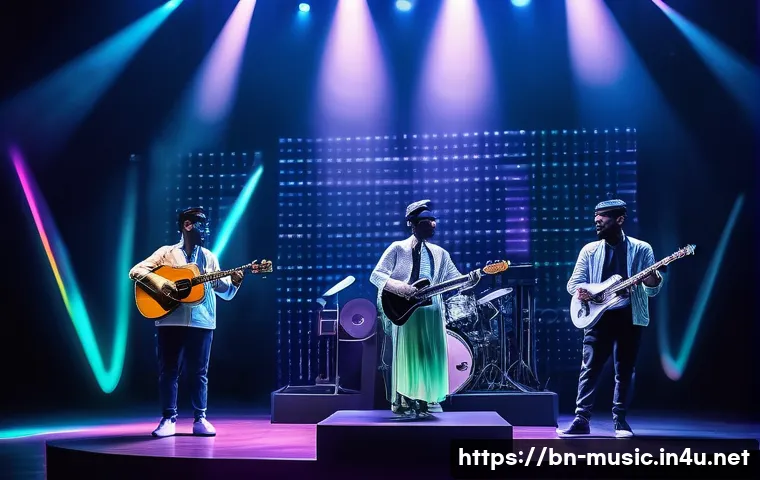 AR 활용 음악 연주법 - A futuristic AR music concert scene featuring musicians performing with virtual instruments floating...