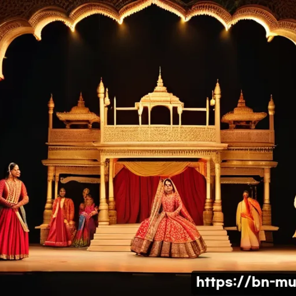오페라 제작 과정 - A grand opera stage scene depicting an ancient royal palace set, intricately designed with vibrant B...