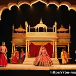 오페라 제작 과정 - A grand opera stage scene depicting an ancient royal palace set, intricately designed with vibrant B...