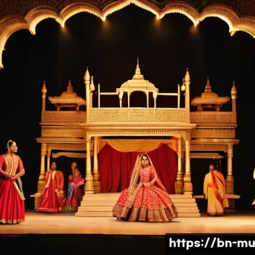 오페라 제작 과정 - A grand opera stage scene depicting an ancient royal palace set, intricately designed with vibrant B...