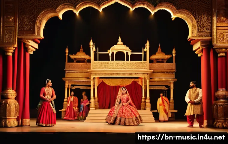 오페라 제작 과정 - A grand opera stage scene depicting an ancient royal palace set, intricately designed with vibrant B...