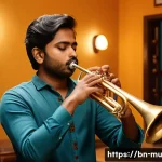 트럼펫 연습 루틴 - A young Bengali musician practicing trumpet breath control indoors, wearing comfortable casual cloth...