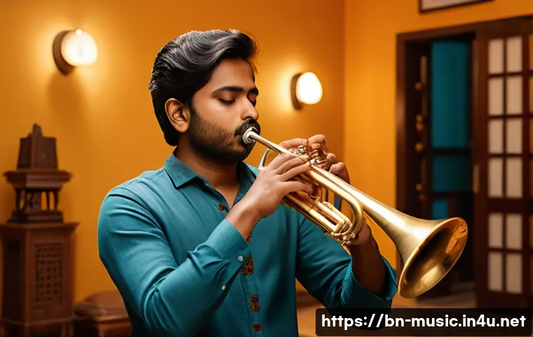 트럼펫 연습 루틴 - A young Bengali musician practicing trumpet breath control indoors, wearing comfortable casual cloth...