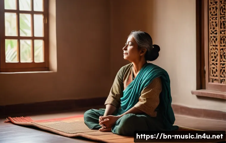 발성 연습 루틴 - A detailed, serene indoor scene showing a Bengali adult practicing diaphragmatic breathing exercises...