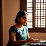 뮤지컬 보컬 훈련 - A young Bengali woman practicing vocal scales indoors, sitting with a metronome and sheet music on a...