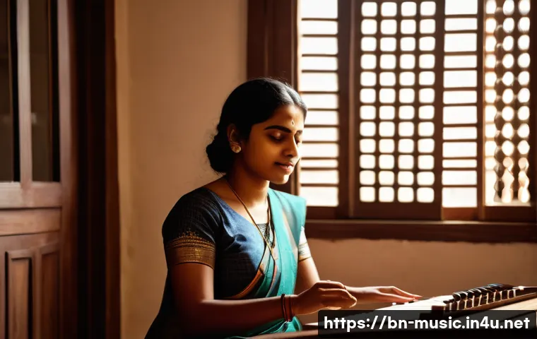 뮤지컬 보컬 훈련 - A young Bengali woman practicing vocal scales indoors, sitting with a metronome and sheet music on a...