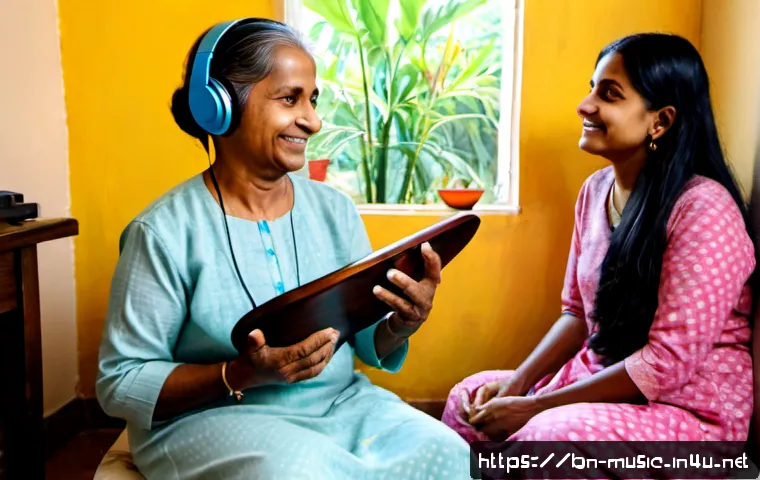 Home 17 음악 치료 효과 - Photorealistic music therapy session in a calm Bengali home, an older South Asian woman wearing mode...