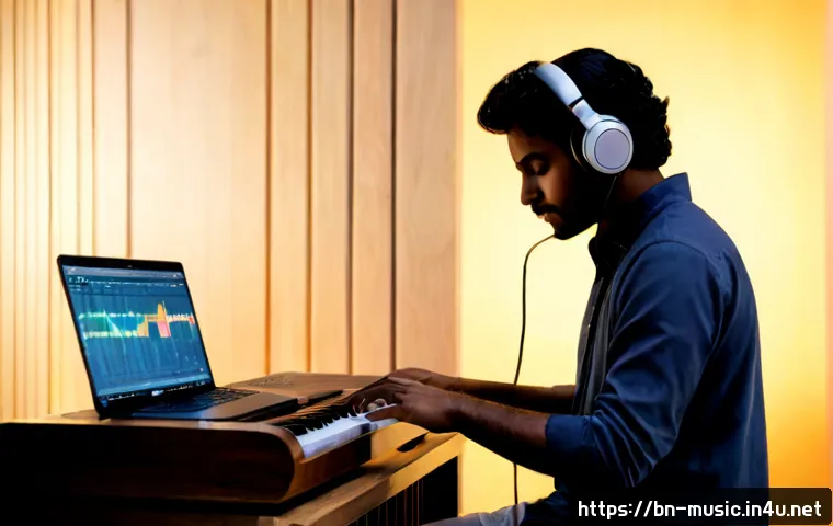 음악과 인공지능 - Photorealistic modern recording studio, a Bengali musician wearing modest casual clothing and headph...