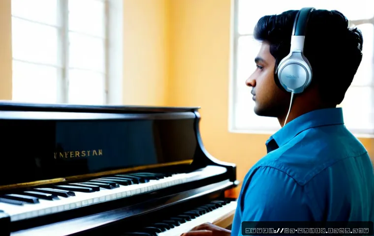 음악 심리학 개론 - Photorealistic university music psychology study scene, a Bengali young adult wearing headphones tho...